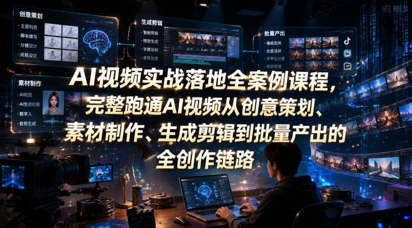AI视频实战落地全案例课程，完整跑通AI视频从创意策划、素材制作、生成剪辑到批量产出的全创作链路-lanti云网创