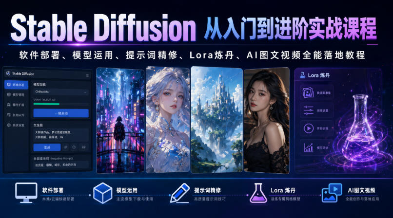 Stable Diffusion从入门到进阶实战课程｜软件部署、模型运用、提示词精修、Lora炼丹、AI图文视频全能落地教程-lanti云网创