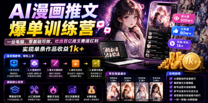 AI漫画推文爆单训练营，一台电脑，零基础可做，吃透百亿推文赛道红利，实现单条作品收益1k+-lanti云网创