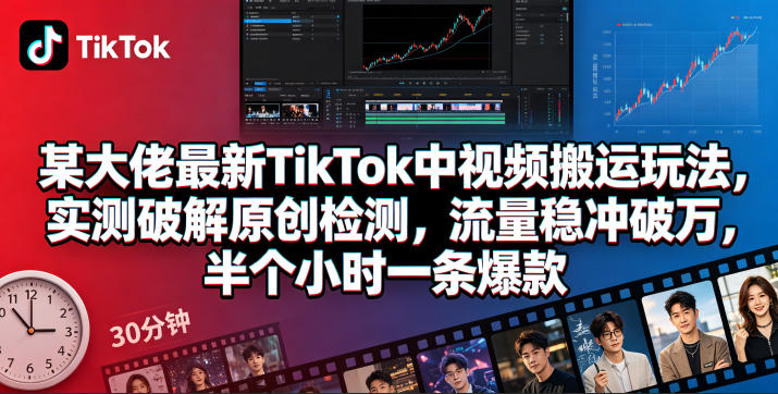 某大佬最新TikTok中视频搬运玩法，实测破解原创检测，流量稳冲破万，半个小时一条爆款-lanti云网创