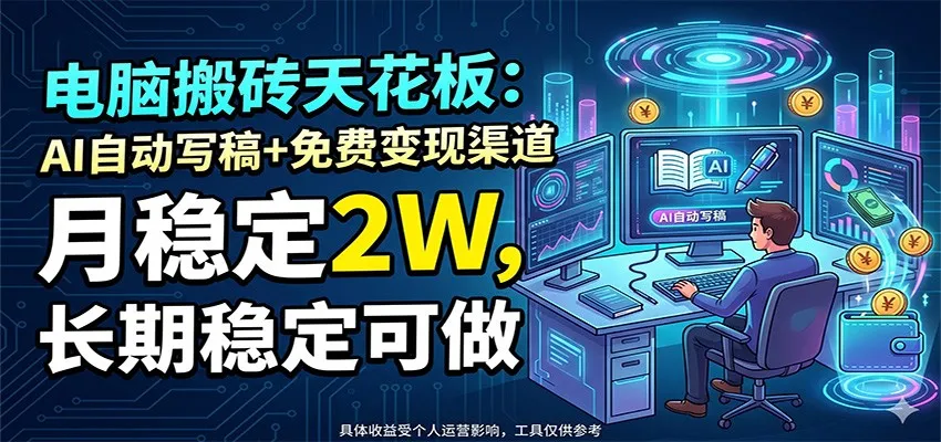 电脑搬砖天花板：AI自动写稿+免费变现渠道，月稳定2W，长期稳定可做-lanti云网创