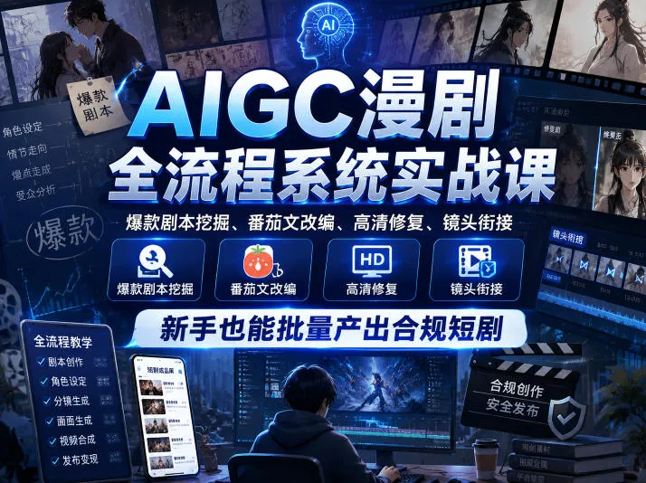 AIGC漫剧全流程系统实战课，爆款剧本挖掘、番茄文改编、高清修复、镜头衔接，新手也能批量产出合规短剧-lanti云网创