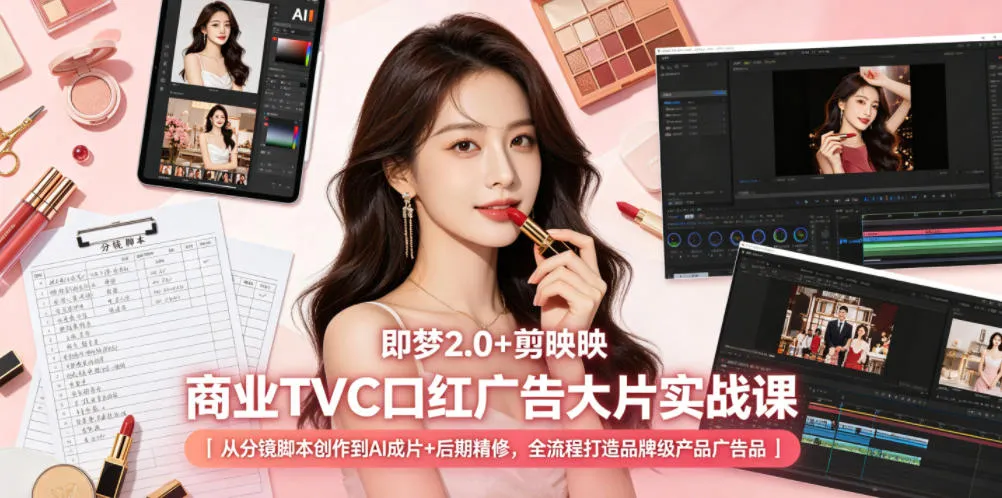 即梦2.0+剪映商业TVC口红广告大片实战课｜从分镜脚本创作到AI成片+后期精修，全流程打造品牌级产品广告-lanti云网创