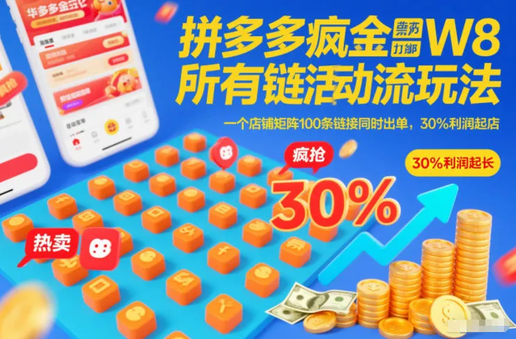 拼多多疯狂活动流玩法，所有链接全部打标，一个店铺矩阵100条链接同时出单，30%利润起店-lanti云网创