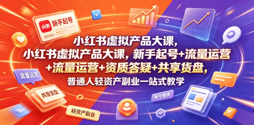 小红书虚拟产品大课，新手起号+流量运营+资质答疑+共享货盘，普通人轻资产副业一站式教学-lanti云网创