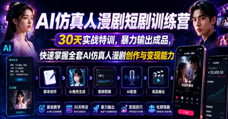 AI仿真人漫剧短剧训练营，30天实战特训，暴力输出成品，快速掌握全套AI仿真人漫剧创作与变现能力-lanti云网创