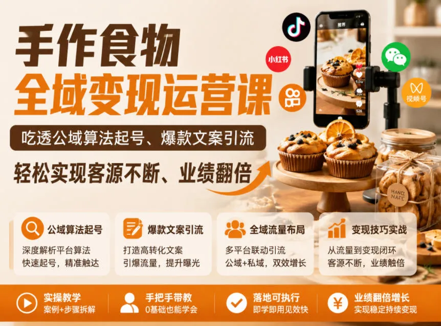 手作食物全域变现运营课，吃透公域算法起号、爆款文案引流，轻松实现客源不断、业绩翻倍-lanti云网创