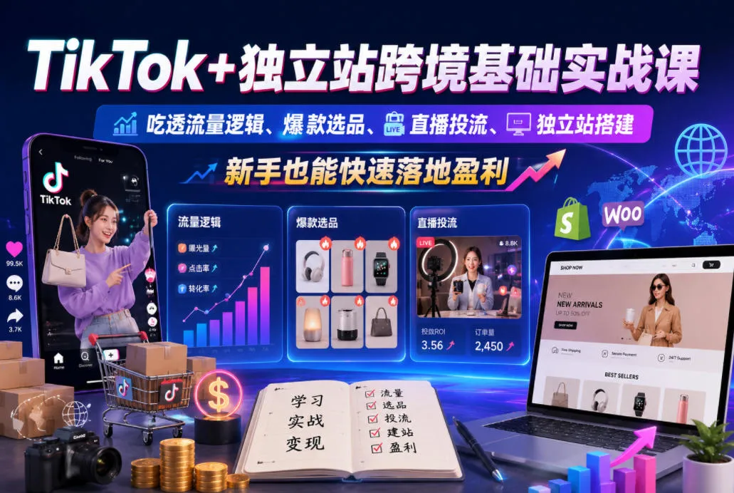 TikTok+独立站跨境基础实战课，吃透流量逻辑、爆款选品、直播投流与独立站搭建，新手也能快速落地盈利-lanti云网创